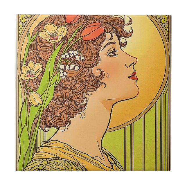Azulejo Art-nouveau Musa com flores da primavera (Frente)