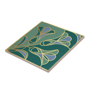 Azulejo Arte Deco Floral. Verde, Azul e Dourado