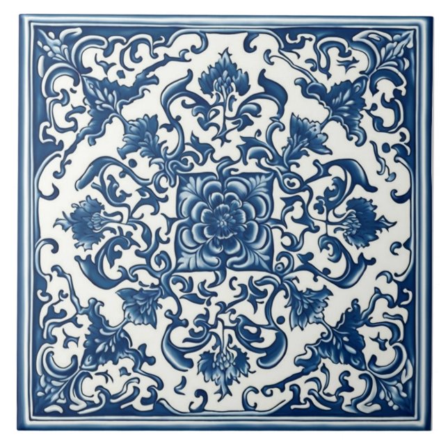 Azulejo Azul & Branco Clássico, Floral, Arte Chine (Frente)
