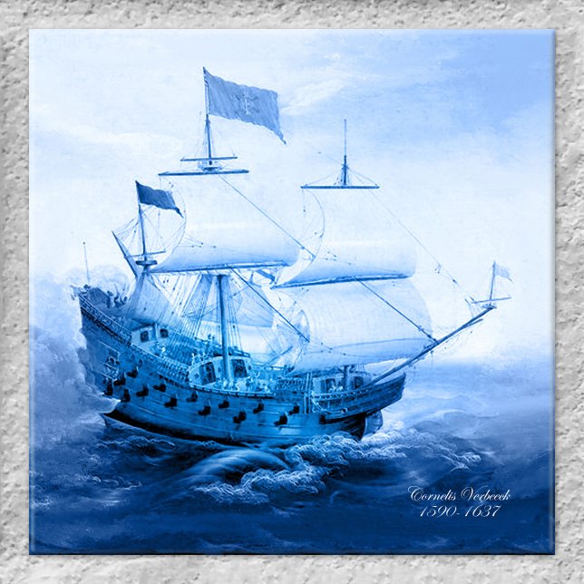 Azulejo Azul de Delft, veleiro neerlandês históric (Tile showing a painting by Dutch artist Cornelis Verbeeck of a historic sailboat in Delft blue)