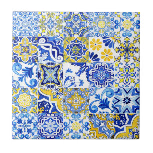 Azulejo Azul e Amarelo Mosaico Português de Maioli
