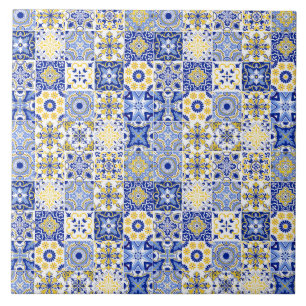 azulejo azul e branco amarelo padrão português