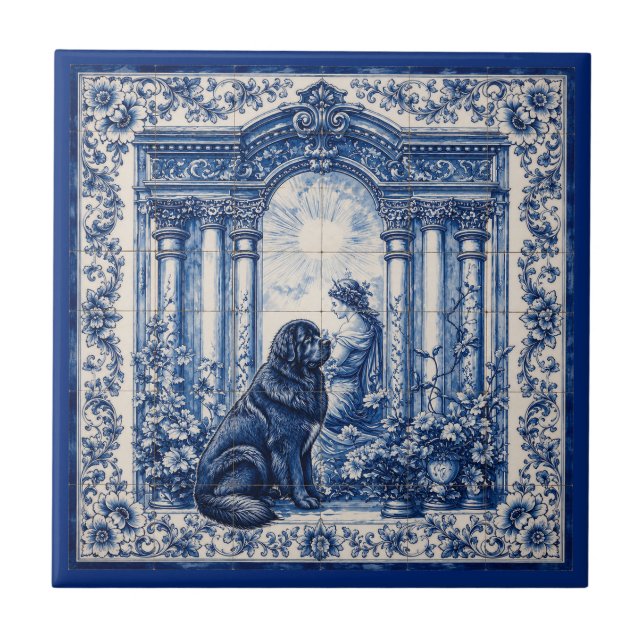Azulejo Azul e Branco de Jardim com Mural de Newfo (Frente)