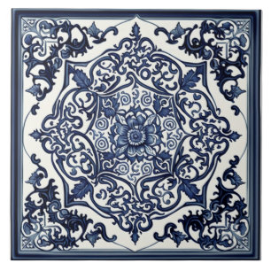Azulejo Azul e Branco Elegante, Rosa, Desenho Chin