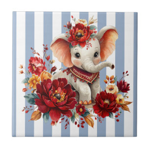 Azulejo Azul e Branco Listrado Floral Elefante