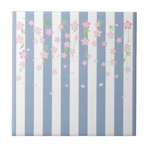 Azulejo Azul e Branco Listrado Flores Floral
