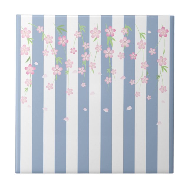 Azulejo Azul e Branco Listrado Flores Floral (Frente)