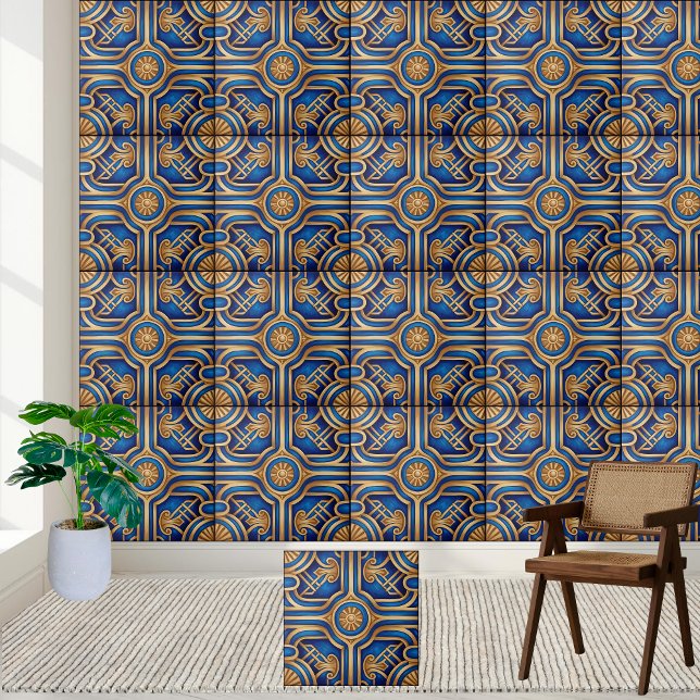 Azulejo azul e grego Dourado (Stylish Blue and Gold Greek Key Tile)