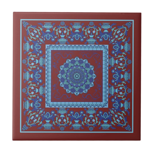 Azulejo Azul E Vermelho De Padrão Islâmico (Frente)