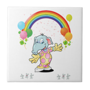Azulejo Azul Elefante Feliz Rato Fofo Arco-íris
