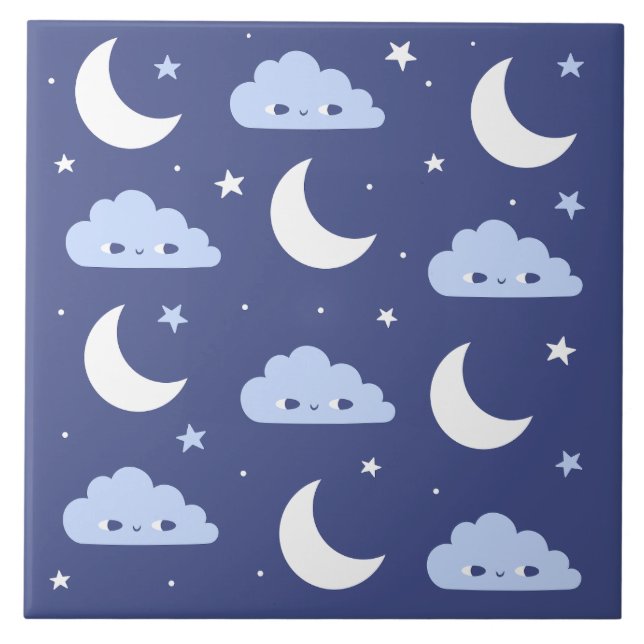 Azulejo Azul-Marinho Kawaii Lua Estrelas Nuvens (Frente)