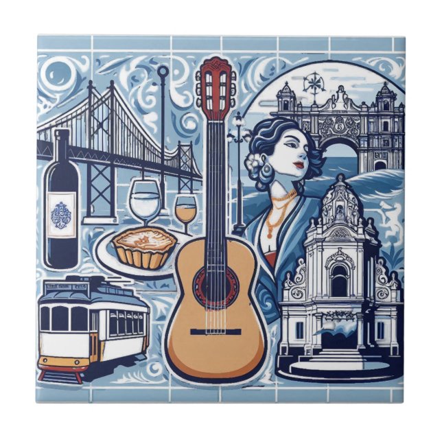 Azulejo azul sobre Lisboa e cultura portuguesa (Frente)