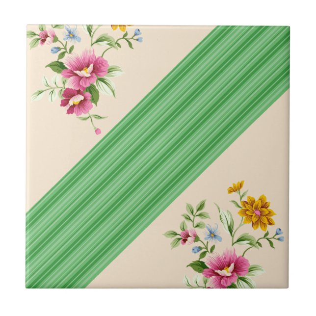 Azulejo Bege Faixa Verde Floral (Frente)