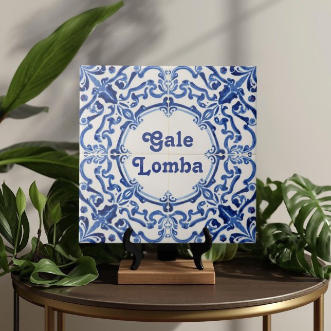 Azulejo Blue Custom House Name Plate Plaque Sign  (Azulejo Mediterranean Blue & White Custom House Name Or Family Name Plaque Sign Square Ceramic Tile)