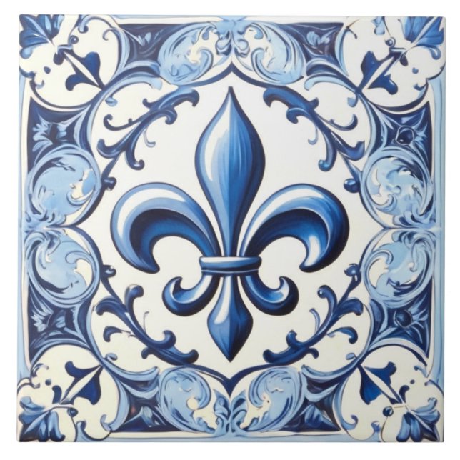 Azulejo Blue Fleur de Lis - Azulejo cerâmico com b (Frente)