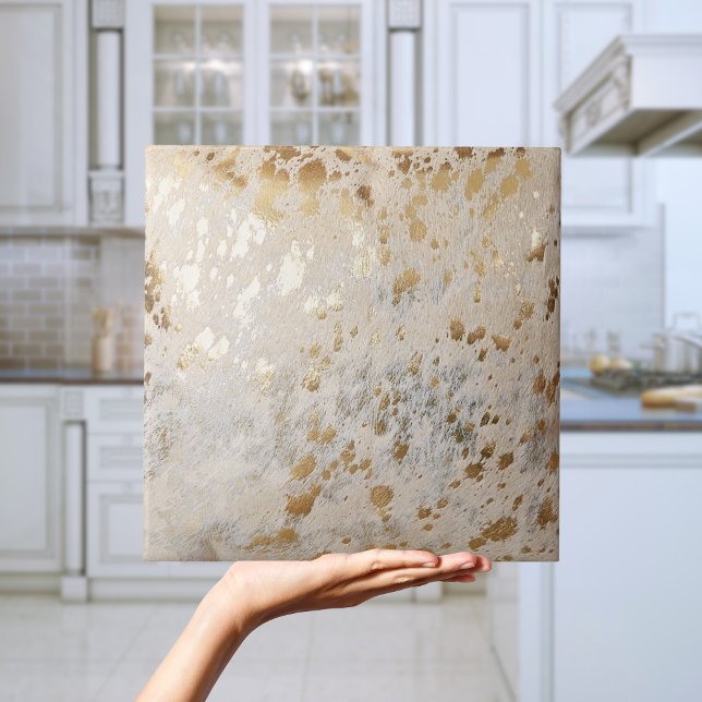 azulejo brilhante metálico do cowhide Dourado (Luxury Elegant Gold faux cowhide metallic tile)