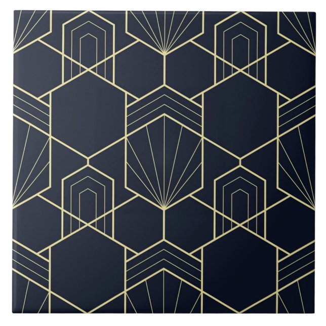 Azulejo cerâmico - Art Deco Dourado e Dark Blue (Frente)