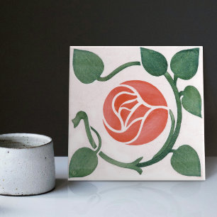 Azulejo Cerâmico Art Déco Simétrico Rosa Vermelha