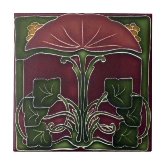 Azulejo cerâmico Art Nouveau Floral Vermelho Verde (Frente)