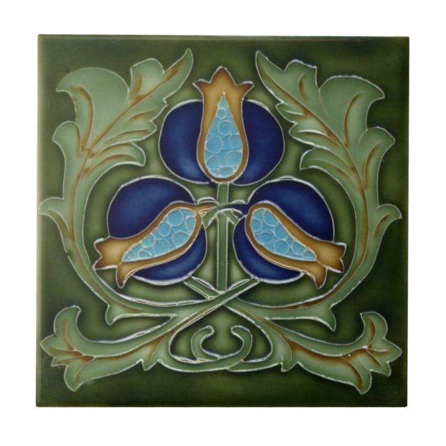 Azulejo cerâmico - Art Nouveau Flores Azuis Verde (Frente)