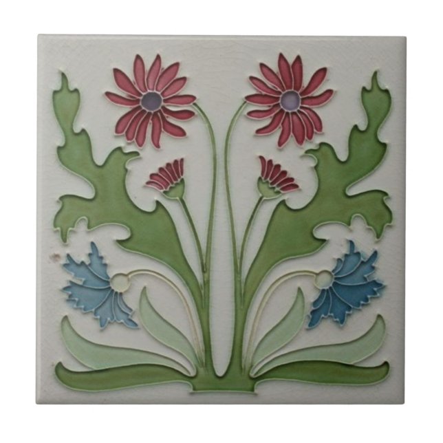 Azulejo cerâmico - Art Nouveau Red & Blue Floral A (Frente)