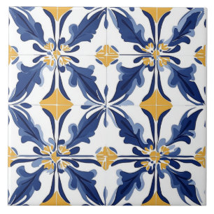 Azulejo Cerâmico Azul, Dourado e Branco