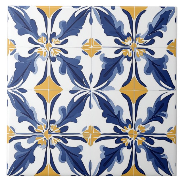 Azulejo Cerâmico Azul, Dourado e Branco (Frente)