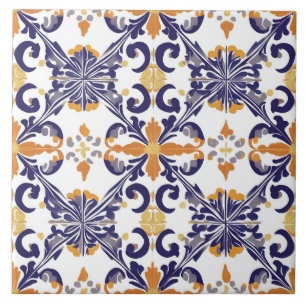 Azulejo Cerâmico Azul, Dourado e Branco