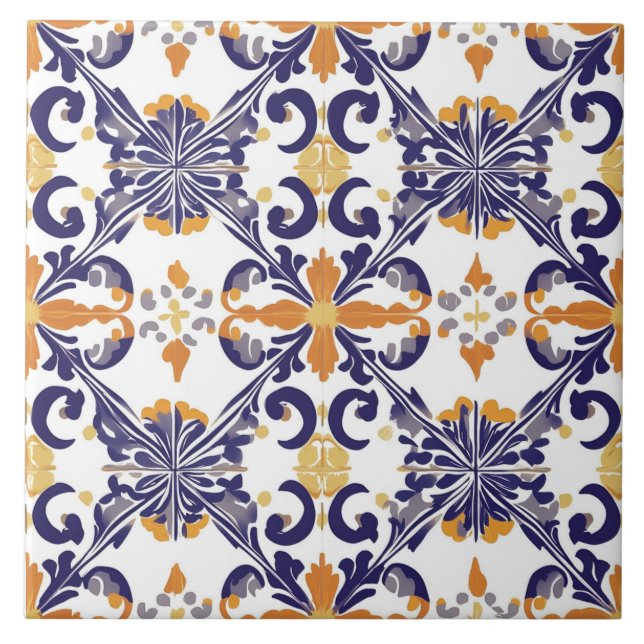 Azulejo Cerâmico Azul, Dourado e Branco (Frente)