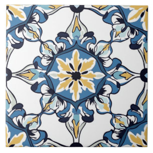 Azulejo Cerâmico Azul, Dourado e Branco