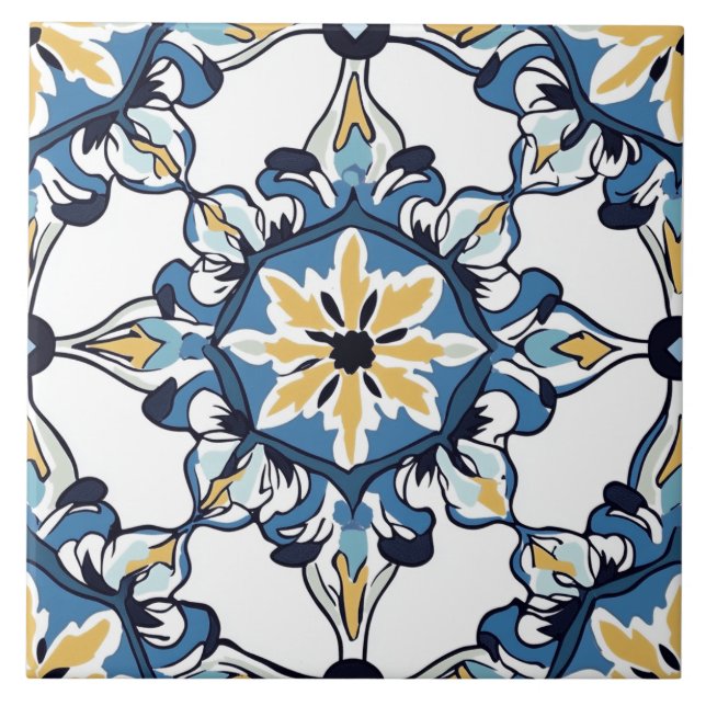 Azulejo Cerâmico Azul, Dourado e Branco (Frente)