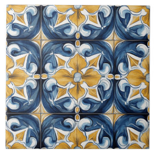 Azulejo Cerâmico Azul, Dourado e Branco