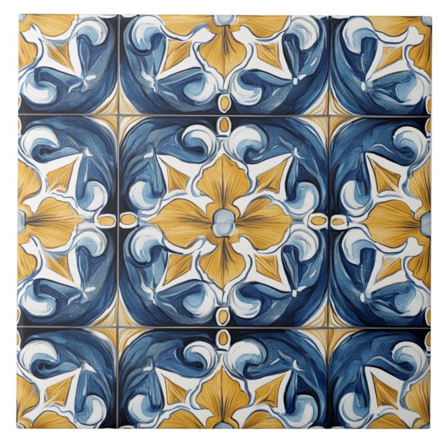 Azulejo Cerâmico Azul, Dourado e Branco (Frente)