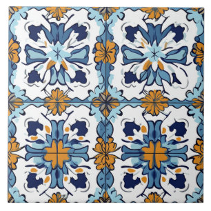 Azulejo Cerâmico Azul, Dourado e Branco