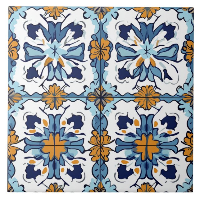 Azulejo Cerâmico Azul, Dourado e Branco (Frente)
