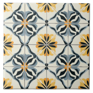 Azulejo Cerâmico Azul, Dourado e Branco Esmaecido