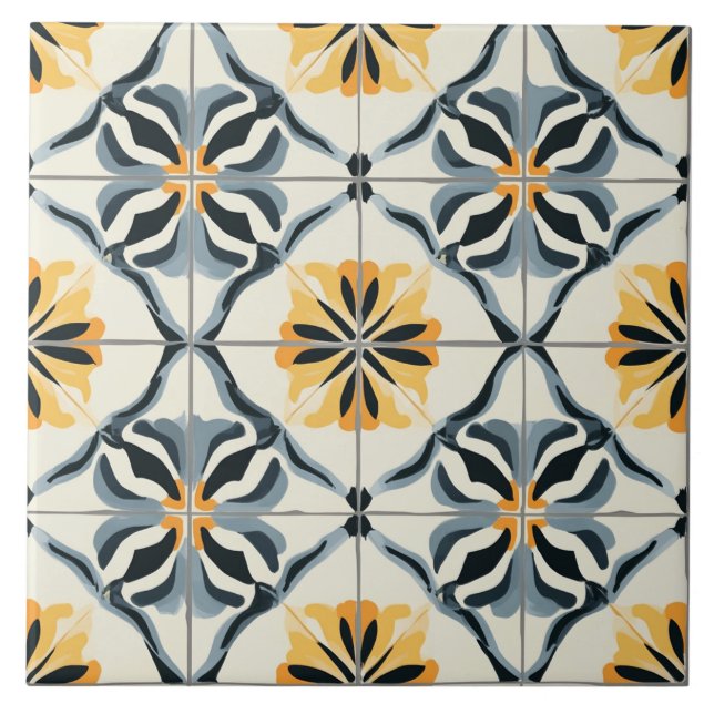 Azulejo Cerâmico Azul, Dourado e Branco Esmaecido (Frente)