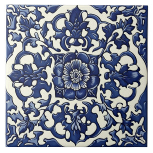 Azulejo Cerâmico Azul e Branco, Rosa, Estilo Chinê