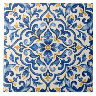 Azulejo Cerâmico Azul e Dourado Mediterrâneo