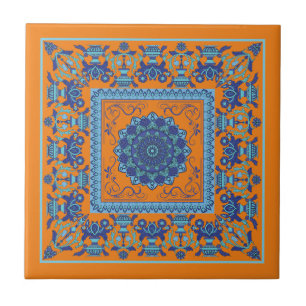Azulejo Cerâmico Azul e Laranja com Padrão Islâmic