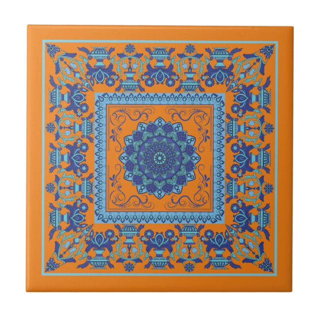 Azulejo Cerâmico Azul e Laranja com Padrão Islâmic (Frente)