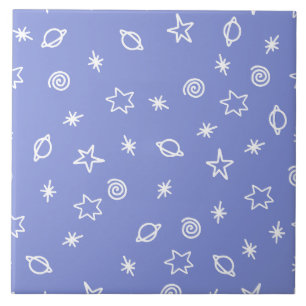 Azulejo Cerâmico Azul Espaço Doodle Estrelas Plane