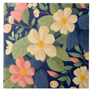 Azulejo Cerâmico Azul Naval Rosa Floral Botânico