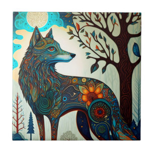 Azulejo cerâmico Boho Wolf Surreal Willife Art