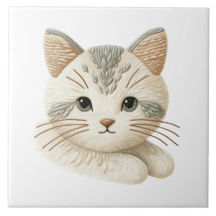 Azulejo cerâmico bordado com decoração de Gatinho