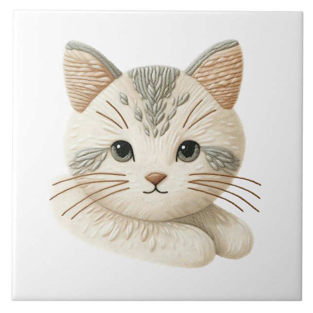 Azulejo cerâmico bordado com decoração de Gatinho  (Frente)