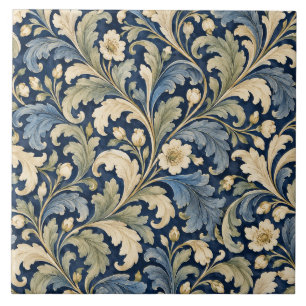 Azulejo Cerâmico Botânico de Acanto Azul-Marinho V