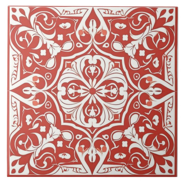 Azulejo cerâmico branco e vermelho mediterrânico (Frente)