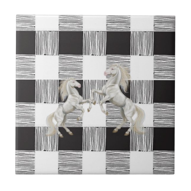 Azulejo cerâmico Cavalo branco e Xadrez preto (Frente)