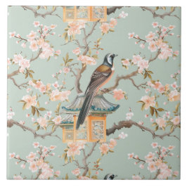 Azulejo Cerâmico Chinoiserie Pássaro & Flor de Cer